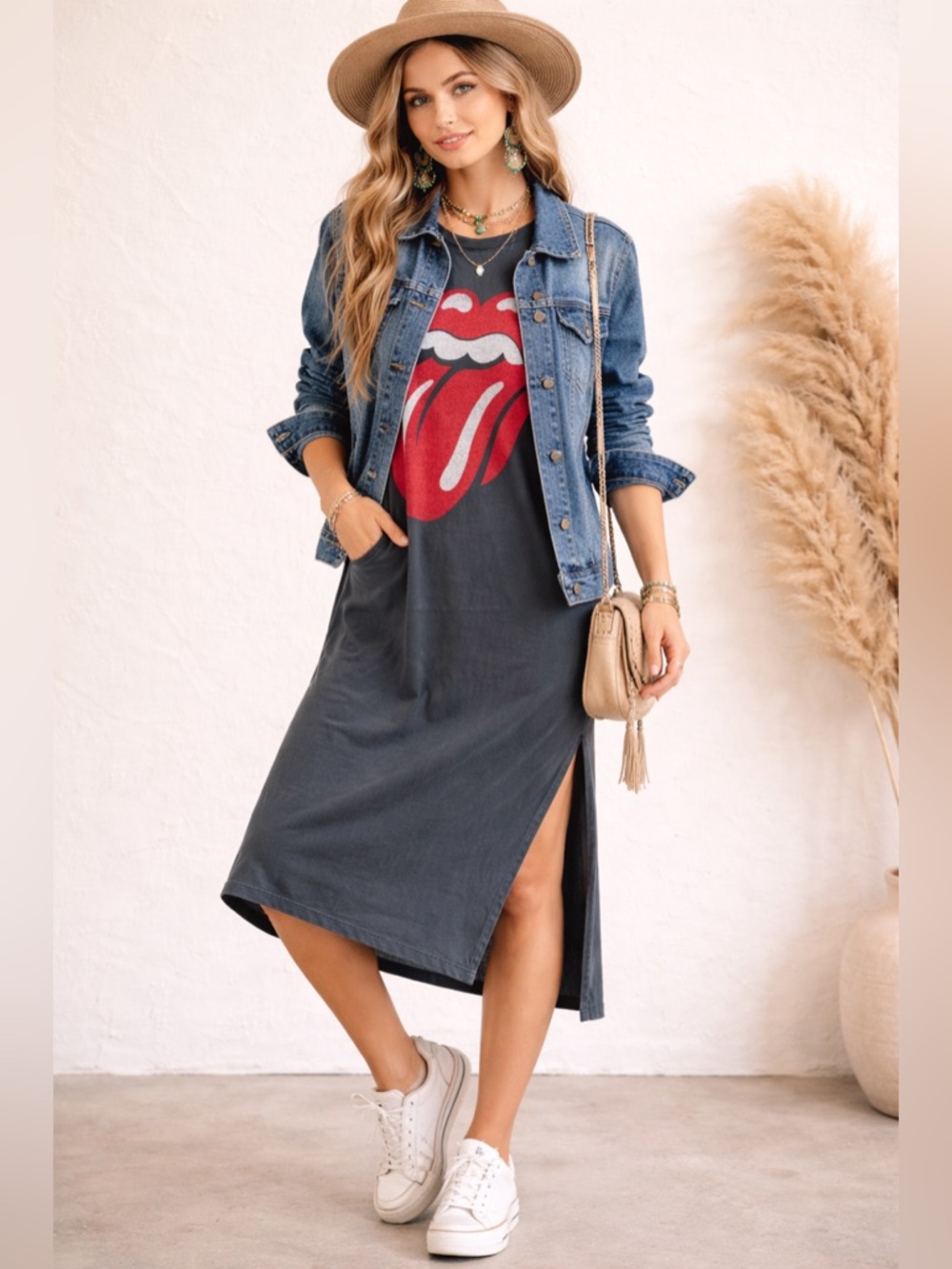 Daydreamer for Free People Rolling Stones 89 Rolled Sleeve Maxi Top Dress - Picture 3 of 10